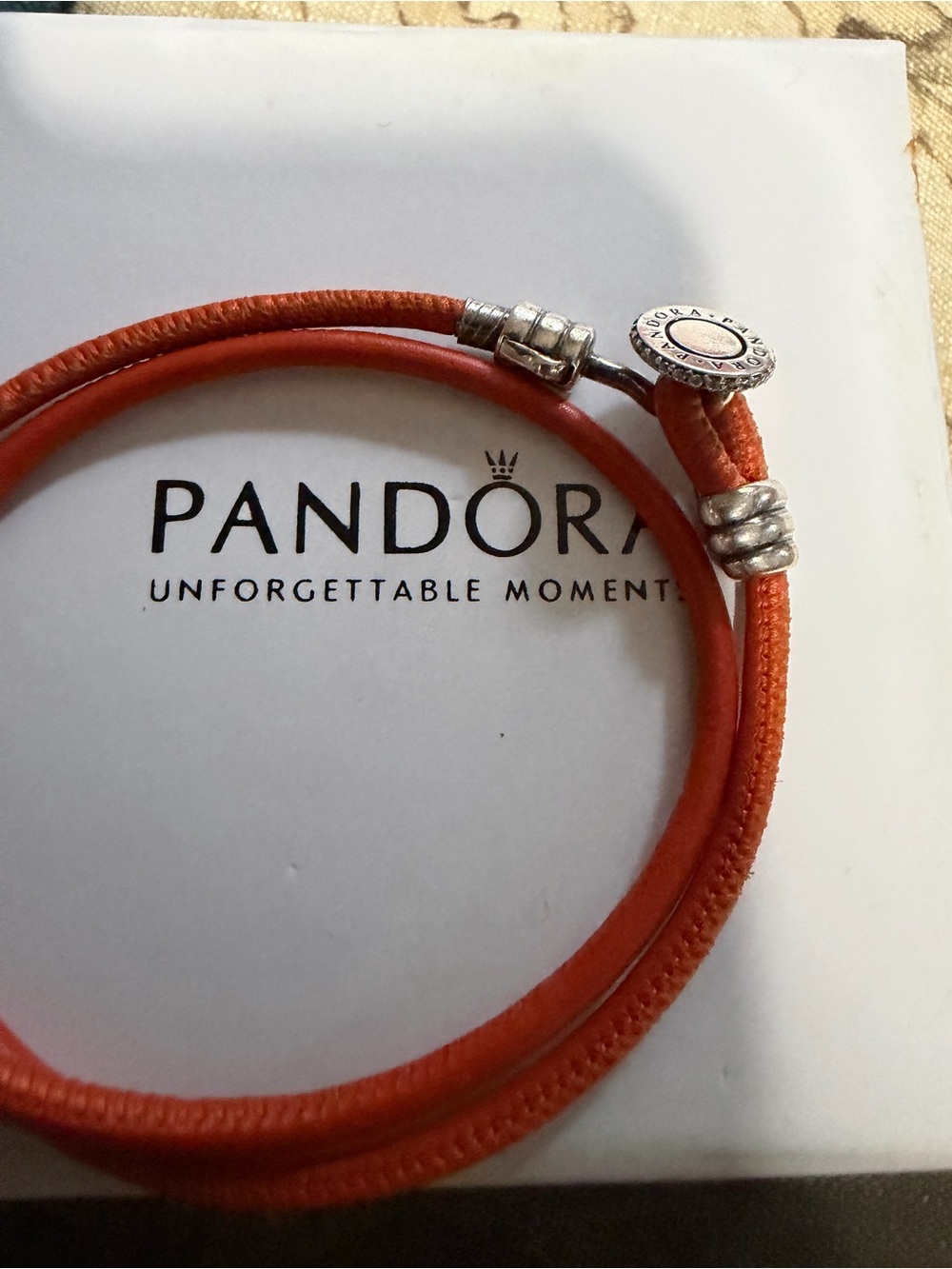 Authentic Pandora Orange Leather Double Wrap Bracelet Silver - Picture 2 of 4